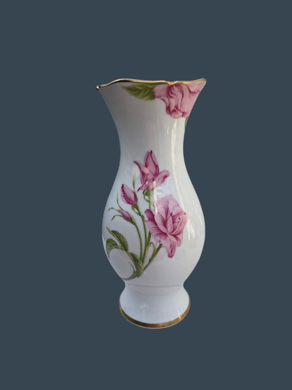 Givenchy Rose Fine Porcelain Vase With Pink Floral Design & Gold Trim 1989